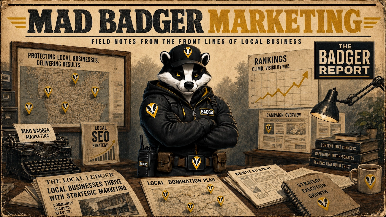 Mad Badger Defender reviewing local SEO maps and digital marketing strategies